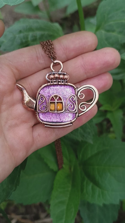 Magic sparkling purple fairy house teapot necklace.