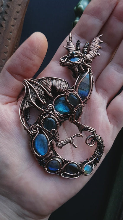 Great water dragon. Wire wrapped copper necklace with labradorites.