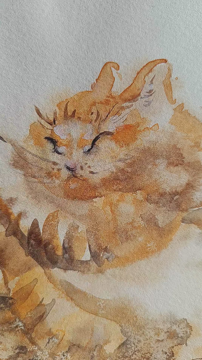 Hop hop! Fluffy cat and grasshopper. Original watercolour