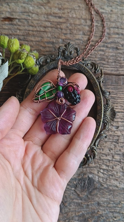 Fluorite flower and blackberry necklace