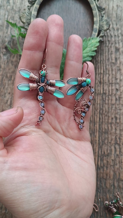 Blue dragonfly and bellflower earrings