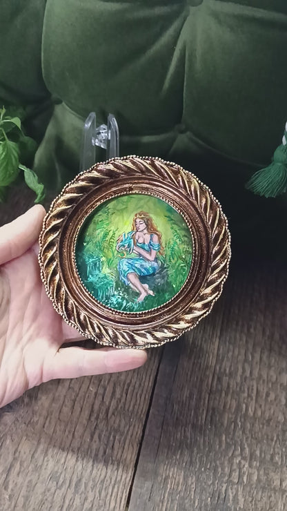 Princess and dragon. Original acrylic painting in a frame.