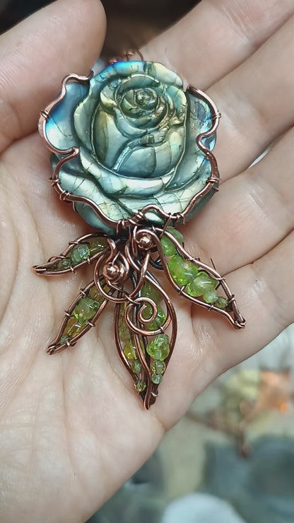 Labradorite rose with chrysolite leaves. Pendant