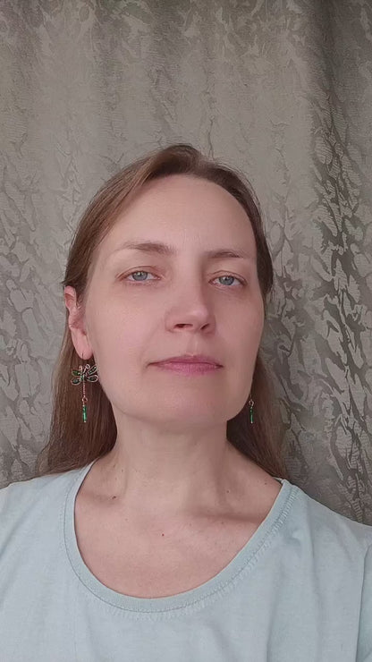 Green dragonfly dangling earrings