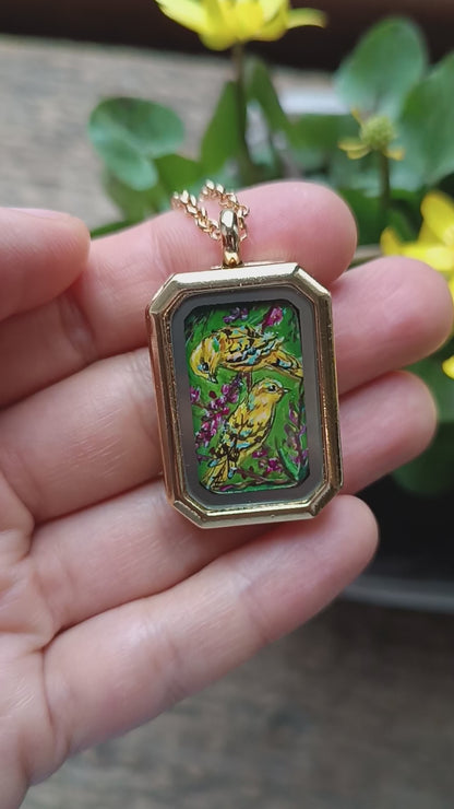 Yellow birds. Hand painted two sided pendant.