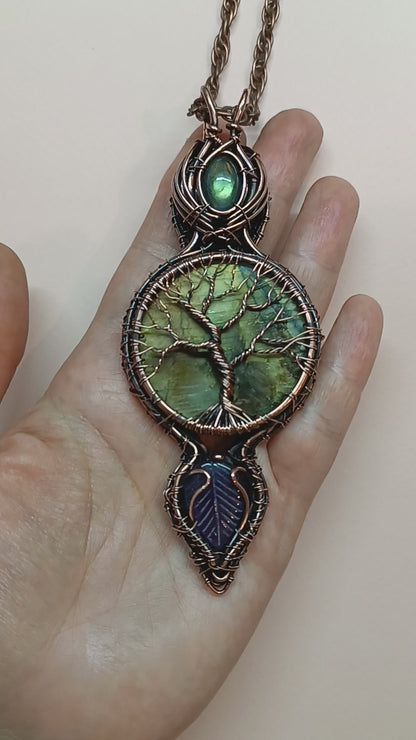 Reversible green labradorite Tree of life necklace.