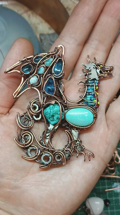 Blue ocean wind dragon. Wire wrapped necklace