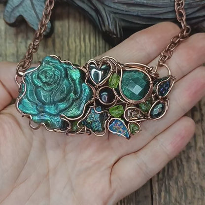Blue peacock rose necklace