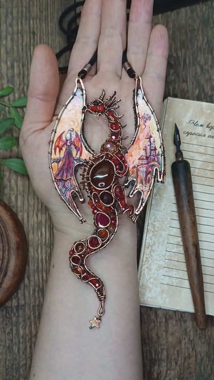 The ballad of Red dragon and his love. Wearable art necklace.