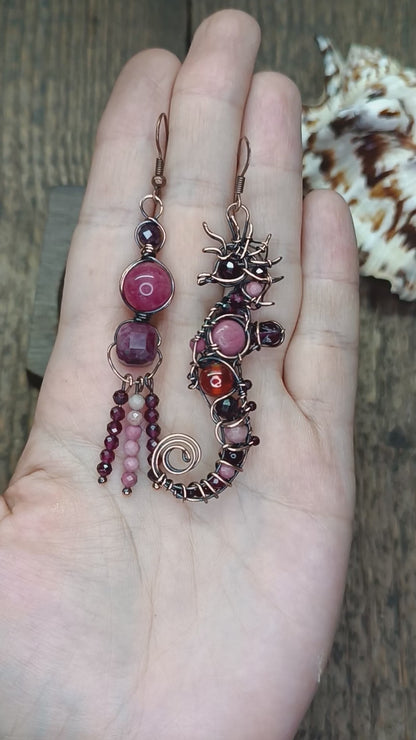 Rhodonite and garnet seahorse earrings