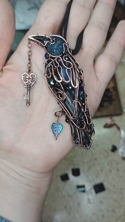 Dark blue night Secret keeper necklace. Blue raven.