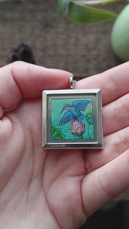 Kingfishers on lotus. Hand painted necklace.