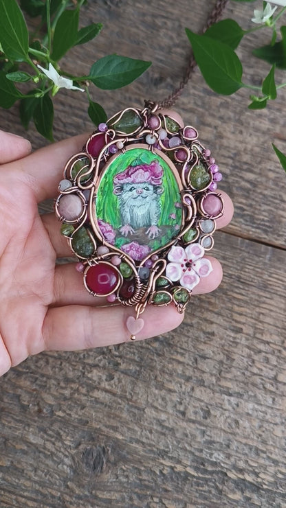 Charming possums and cherry blossom. Wire wrapped 2 sided necklace with miniature paintings