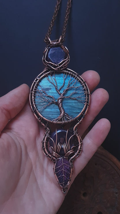 Blue tree of life. Statement copper wire wrapped necklace