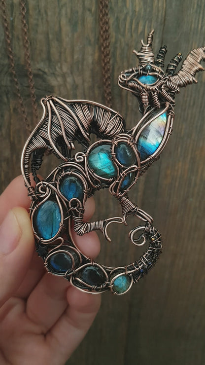 Great water dragon. Wire wrapped copper necklace with labradorites.