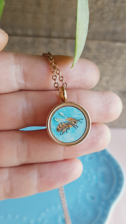 Bee and sunflowers. Double sided mini painted charm.