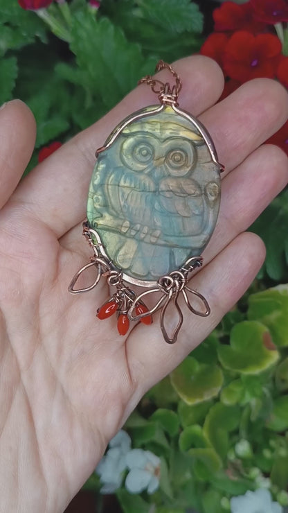 Owl sitting on a dogwood branch. Pendant.