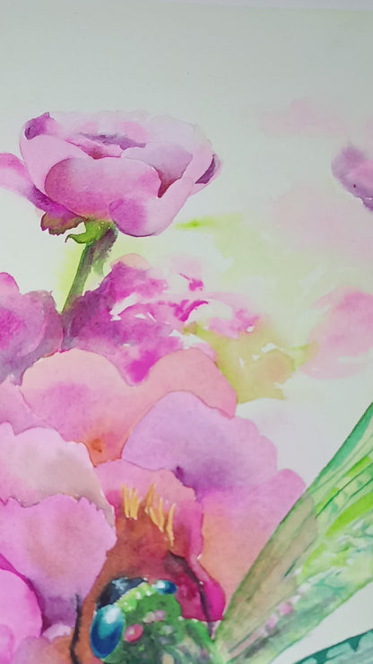 Festive dragonfly on pink peonies Original watercolor