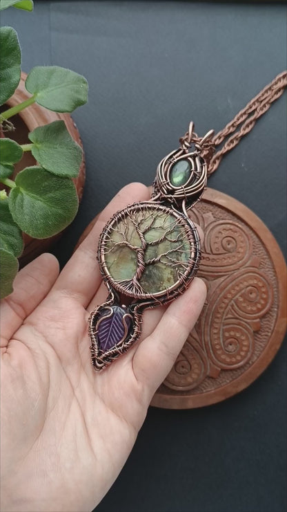 Reversible green labradorite Tree of life necklace.