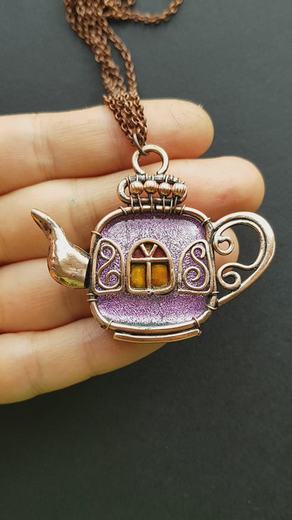 Magic sparkling purple fairy house teapot necklace.