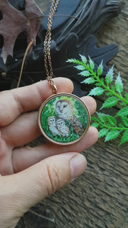 Owl family. Two sided pendant.