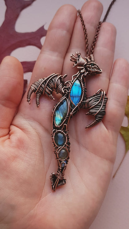 Dancing in the sky. Blue dragon with open wings. Copper pendant.