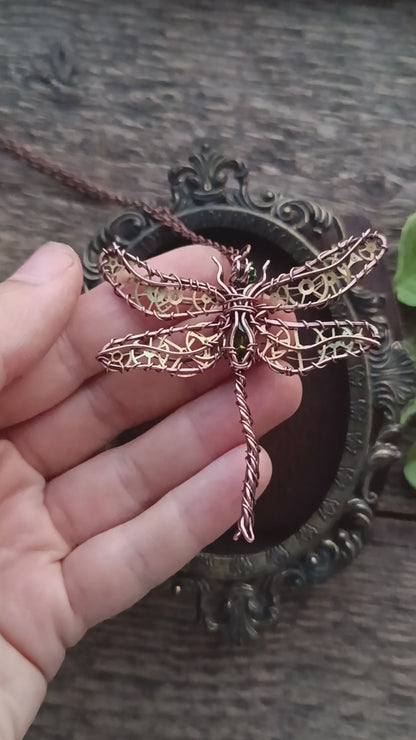 Olivia. Golden cogs Dragonfly pendant