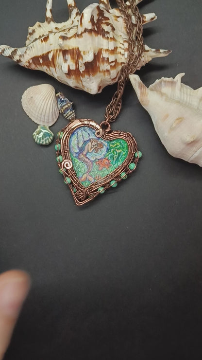 Heart of the ocean. Wire wrapped hand painted necklace. Reversible.