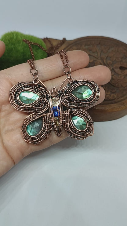 Copper wire wrapped butterfly necklace with faceted labradorites