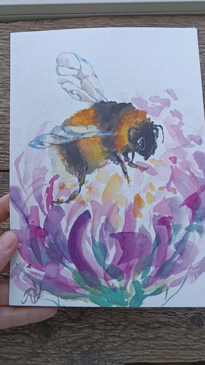 Bumblebee on a blooming flower. Original watercolour on paper. Unframed.