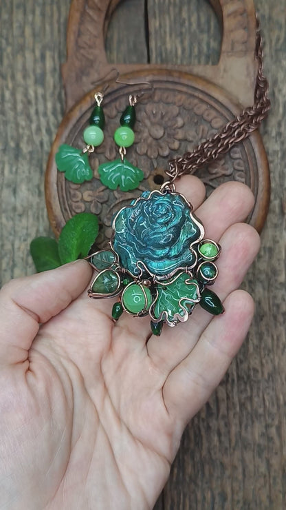Ginkgo and rose necklace and earrings