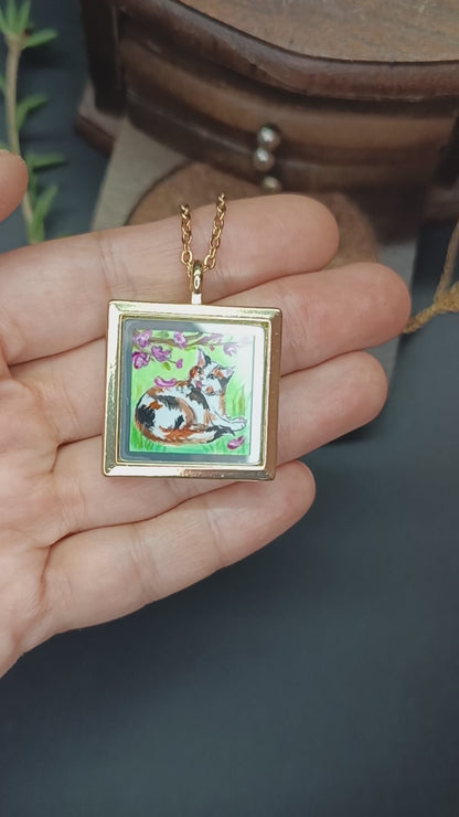 Cats sunbathing. Miniature hand painted pendant.