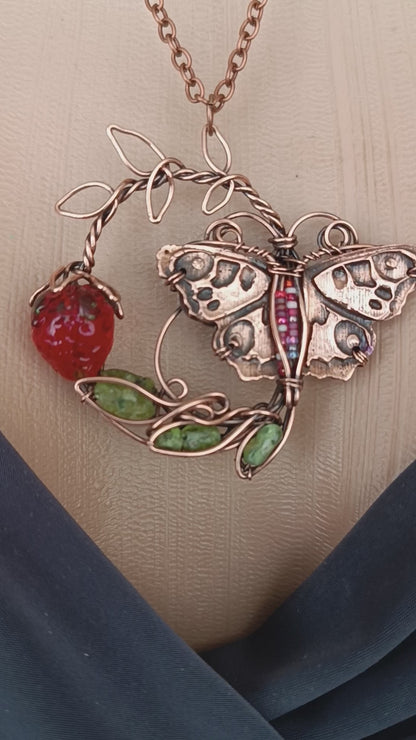 Life circle. Summer strawberry butterfly nebula necklace