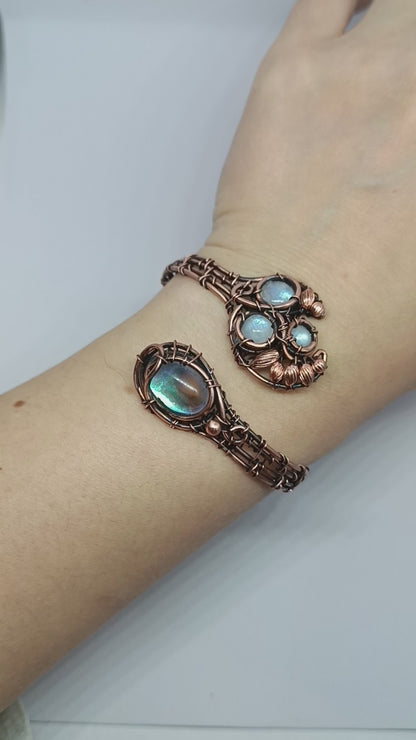 S-M size wrist Adjustable copper bracelet with moonstones and rainbow quartz.