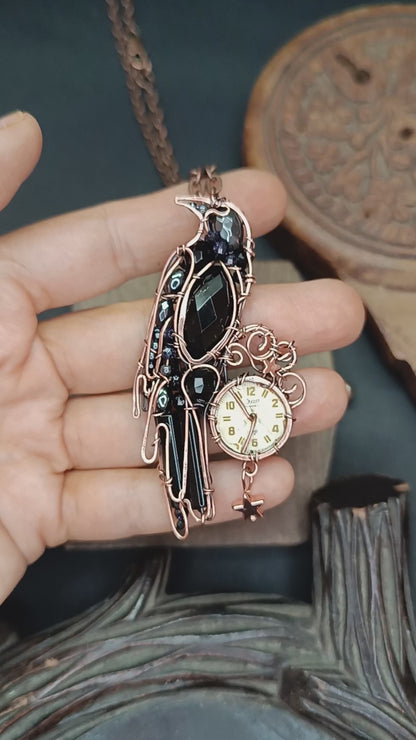 Raven and clock necklace 🐦‍⬛🕦