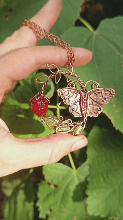 Life circle. Summer strawberry butterfly nebula necklace
