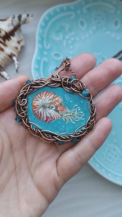 "Unforgettable diving". Wire wrapped and hand painted necklace.