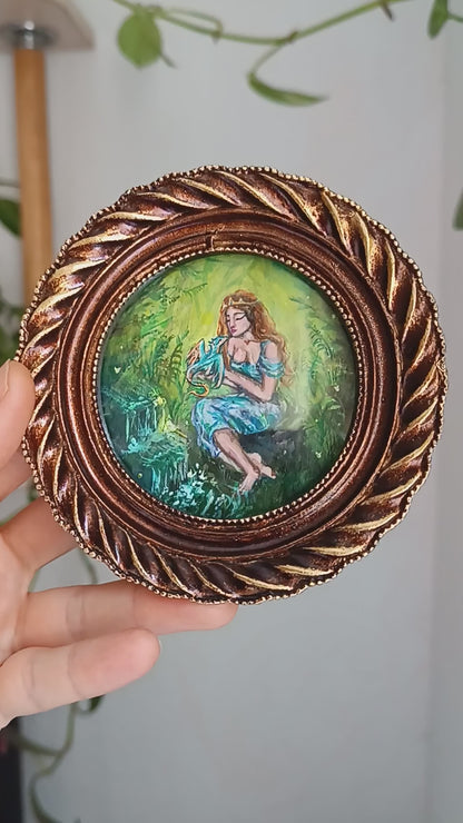 Princess and dragon. Original acrylic painting in a frame.