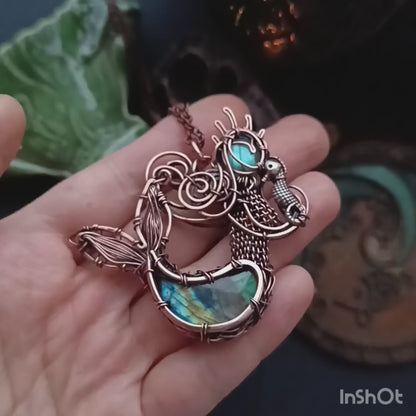 Mermaid and baby seahorse. Wire wrapped necklace