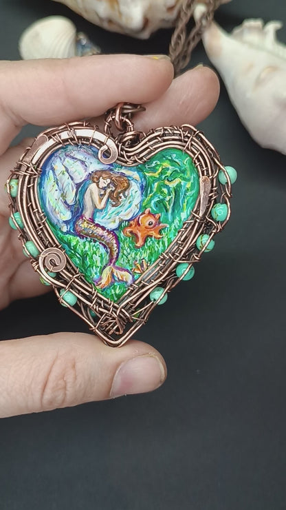 Heart of the ocean. Wire wrapped hand painted necklace. Reversible.