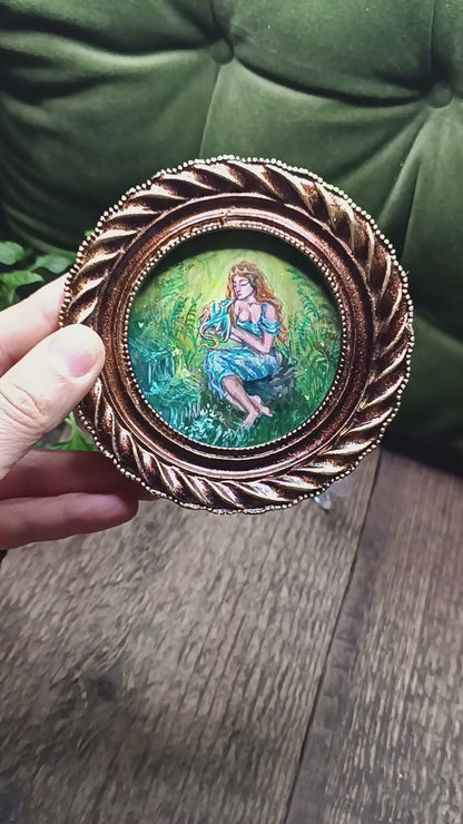 Princess and dragon. Original acrylic painting in a frame.