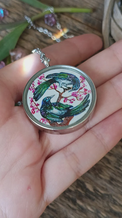 "Love is in the air" Magpies and Blue jays necklace. Reversible painted pendant.