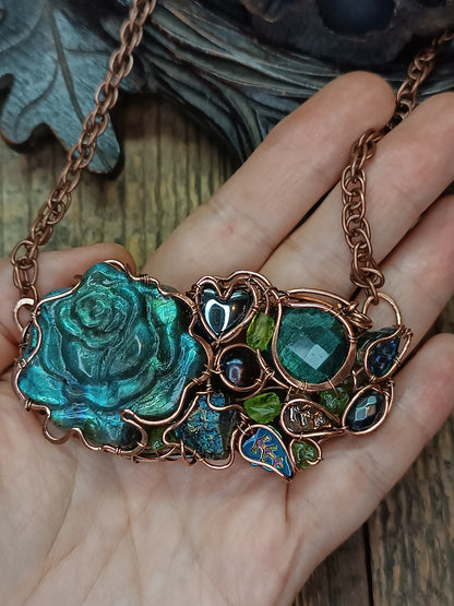 Blue peacock rose necklace