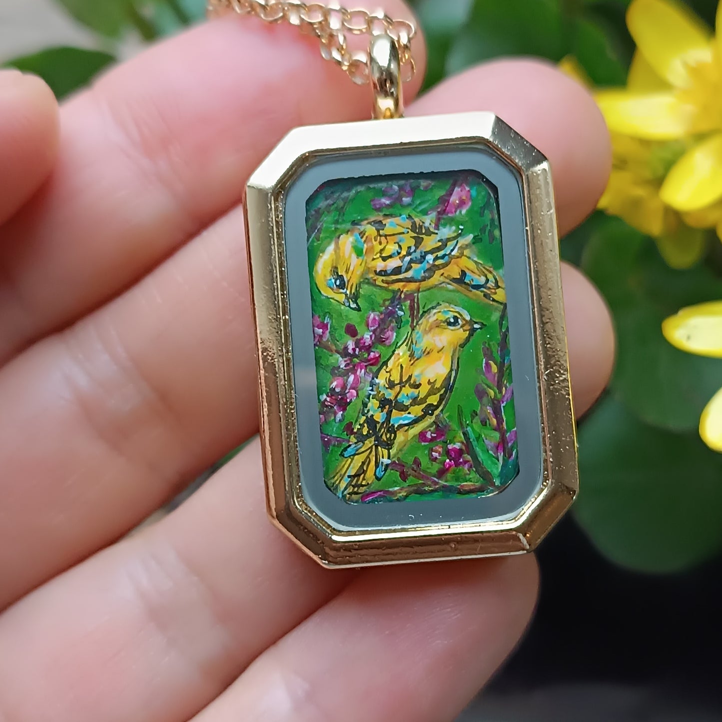 Yellow birds. Hand painted two sided pendant.