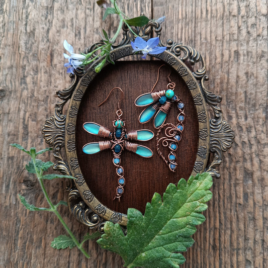 Blue dragonfly and bellflower earrings