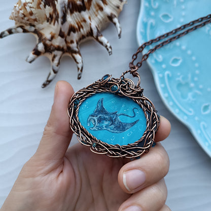 "Unforgettable diving". Wire wrapped and hand painted necklace.