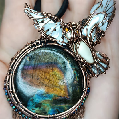 Owl over the sunset moon necklace