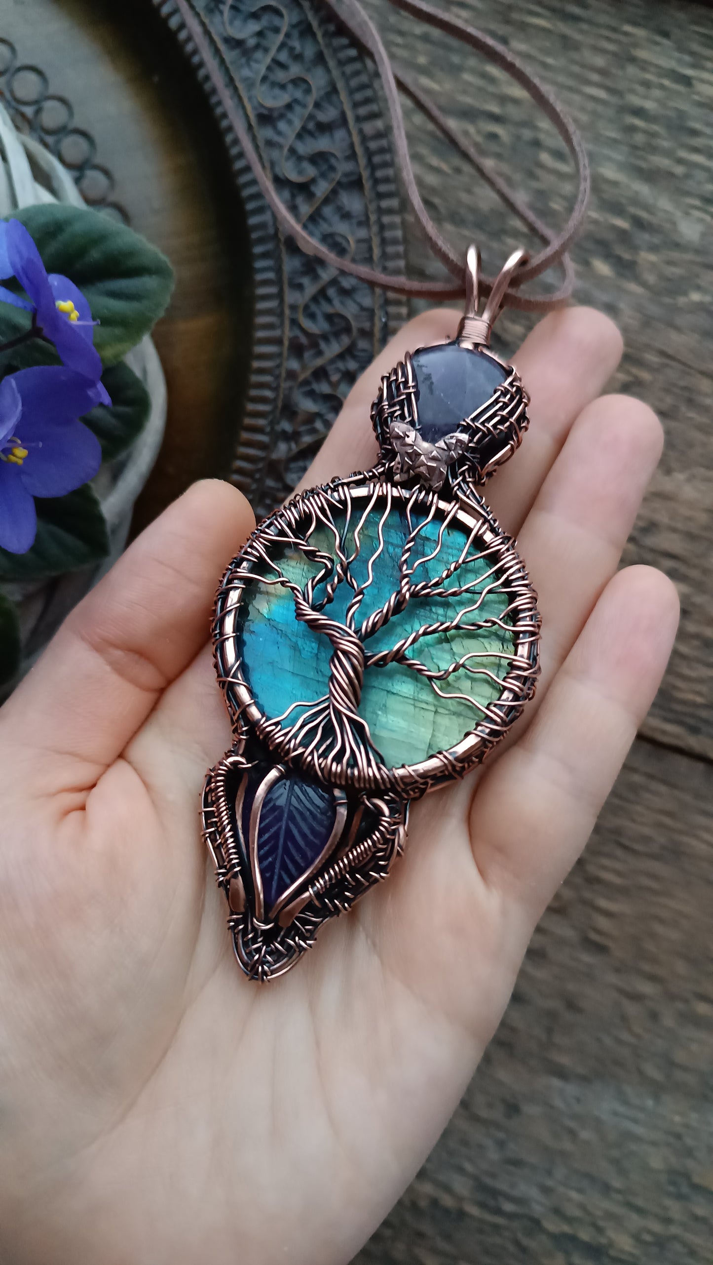 Tree of life necklace with labradorite and amethysts.