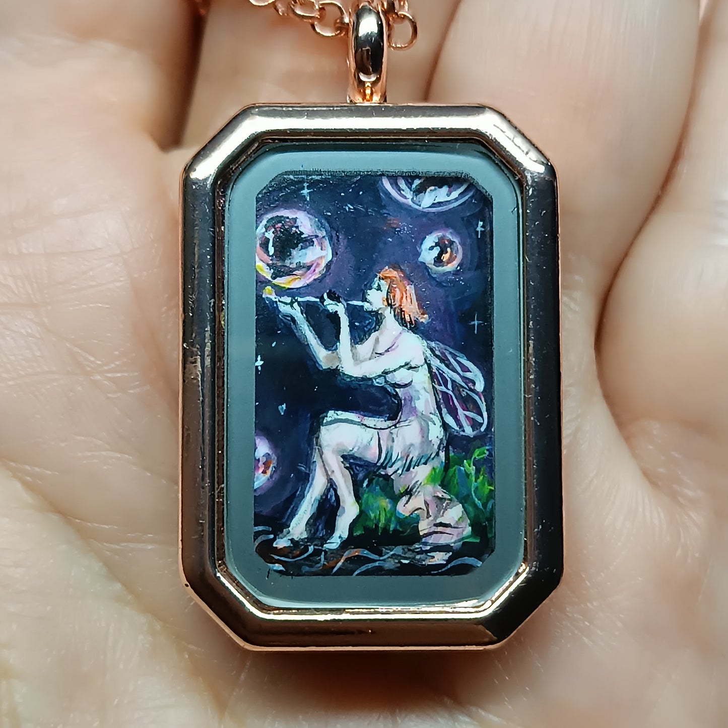 Little Fairy, Mermaid and magic bubbles. Hand painted pendant.