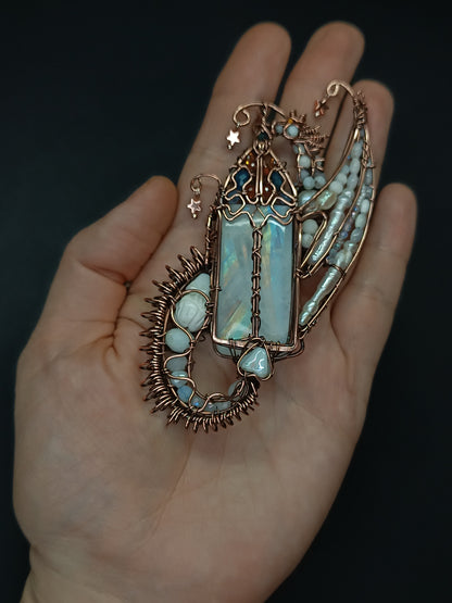 The ballad of the Pearl Dragon and the Moonstone Castle. Wire wrapped necklace